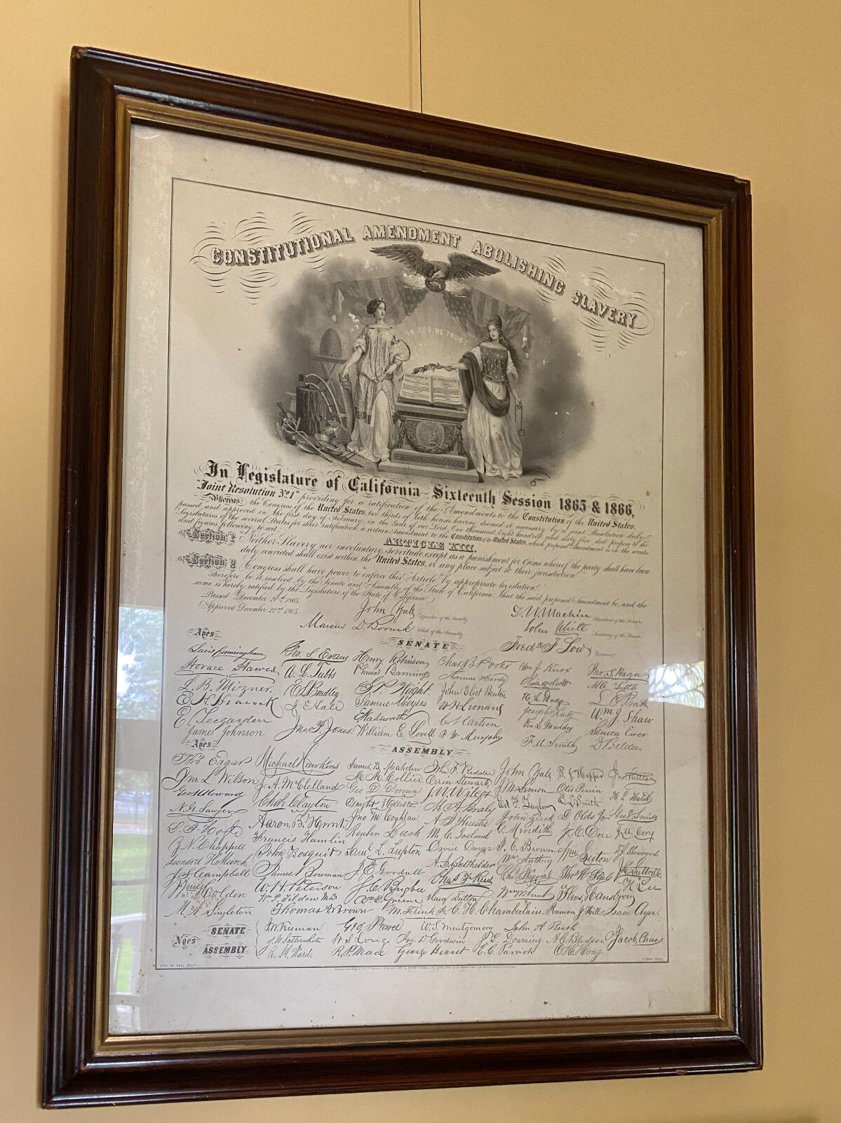 Framed copy of the 13th Amendment abolishing slavery with Banning signature